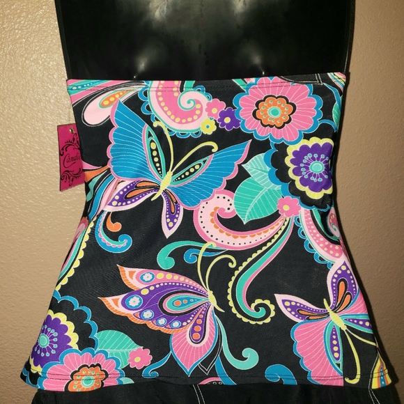 CANDIE'S Bright Neon Colorful Rainbow Floral Butterfly Halter Tankini Top Sz XS - Picture 7 of 16